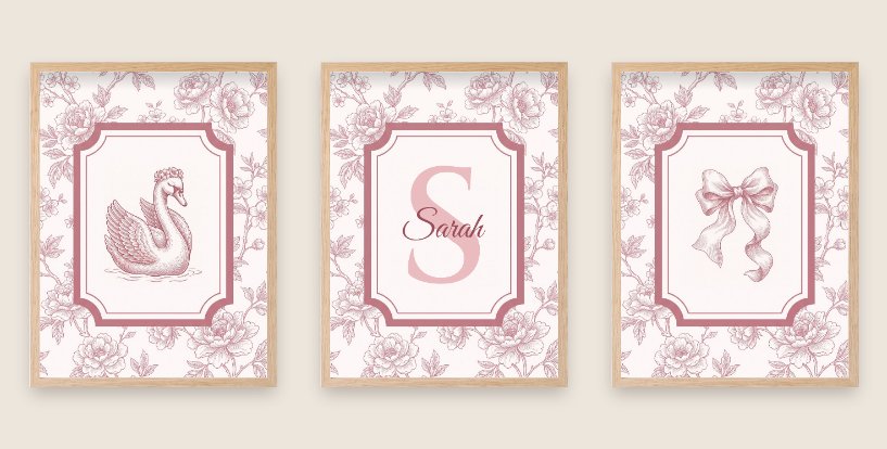 Toile initial name print, set of three in natural frames